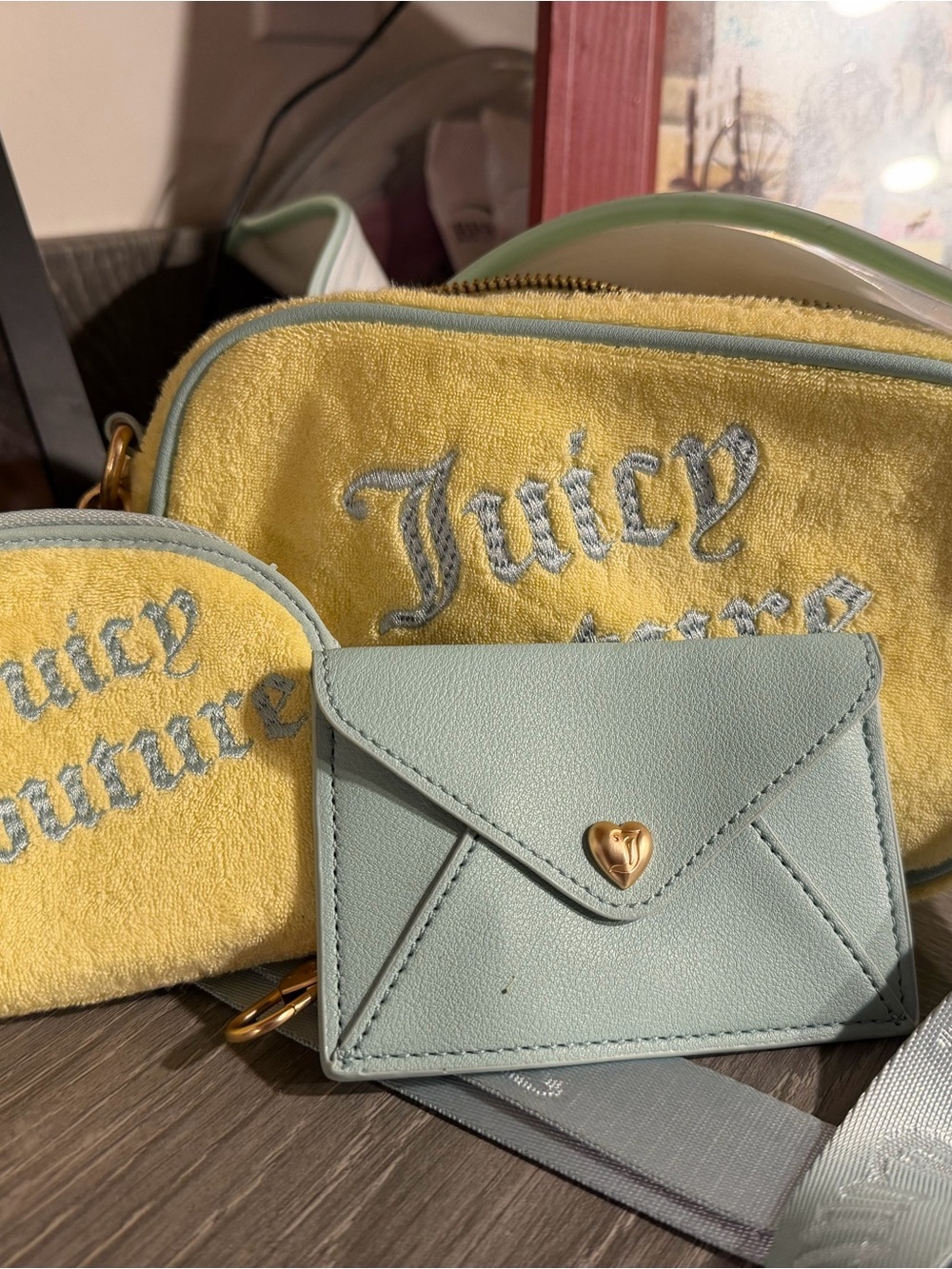 Juicy Couture Yellow Terry Pouch with Mint Card Wallet and Coin Case